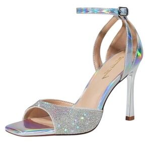 NEW Elisabet Tang Stiletto Sandals Holographic 7 Rhinestone Square Toe Heel
